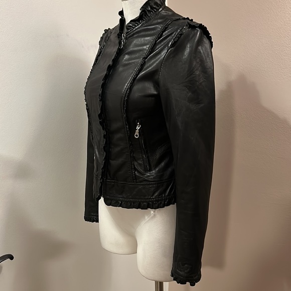 ❌Kenna-t Black Soft Leather Bomber Biker Moto Jacket Ruffle Leopard Lining Small - Picture 5 of 14